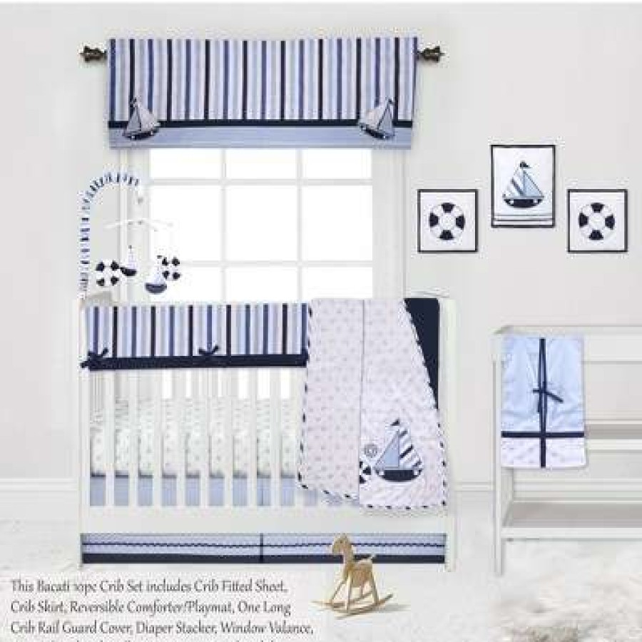 Comforter Bedding Sets * | Best Reviews Of Bacati Little Sailor Anchor Boat Blue Navy 10 Pc Crib Bedding Set With Long Rail Guard Cover