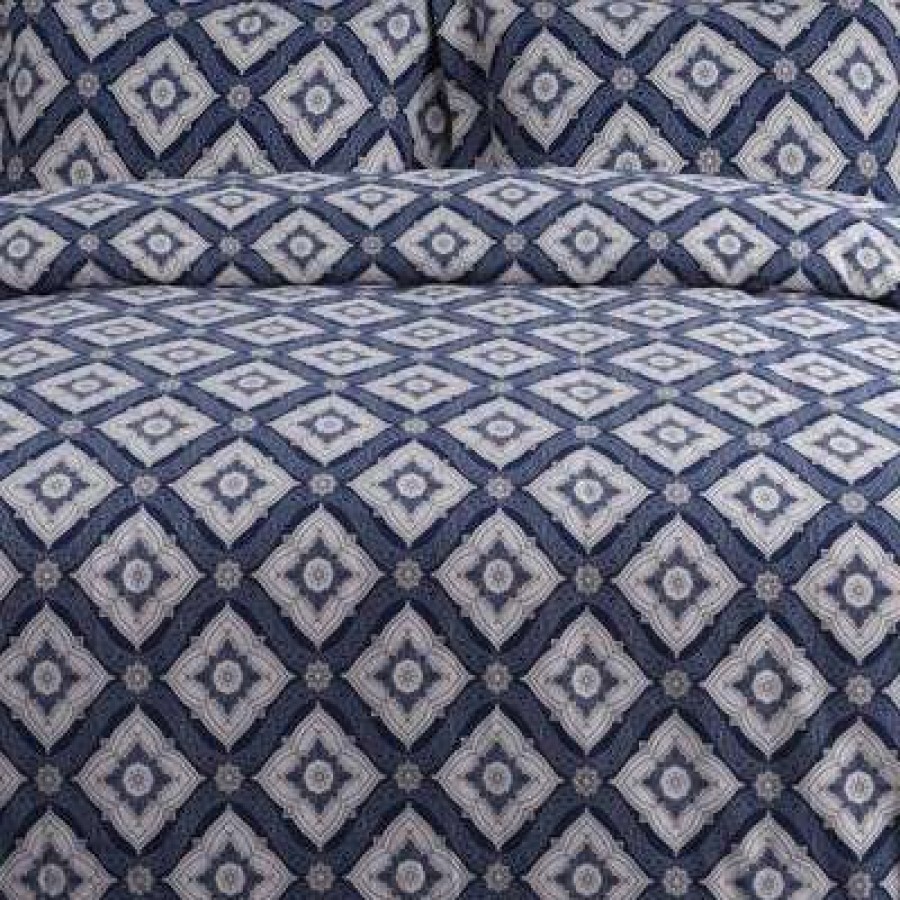 Duvet Cover Bedding Sets * | New Damask Cotton Flannel Printed Oversized Duvet Set Tribeca Living Navy