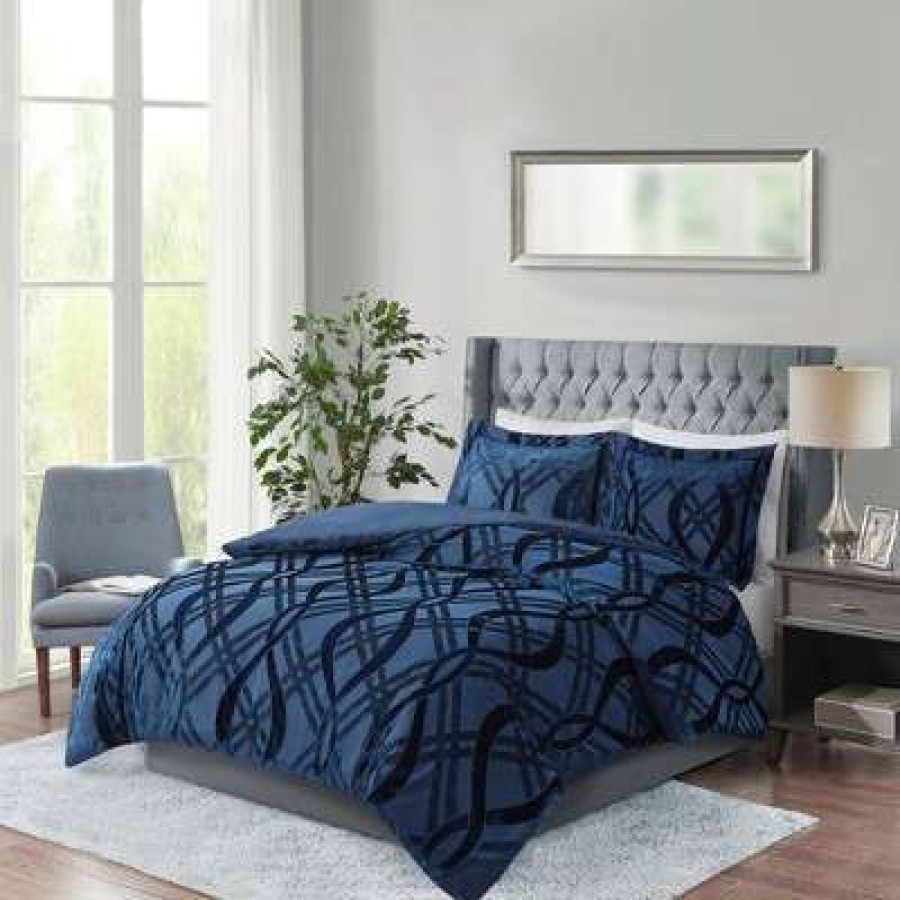 Duvet Cover Bedding Sets * | Wholesale Madison Park King/California King Morgan Velvet Duvet Set Navy