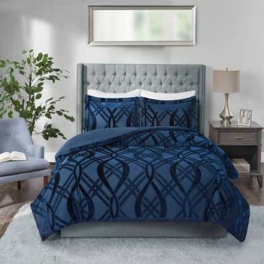 Duvet Cover Bedding Sets * | Wholesale Madison Park King/California King Morgan Velvet Duvet Set Navy