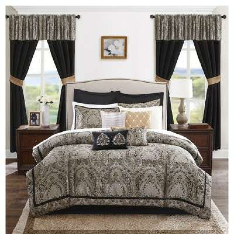 Comforter Bedding Sets * | Wholesale Madison Park Black Tracy Jacquard Comforter Set (California King) 24Pc