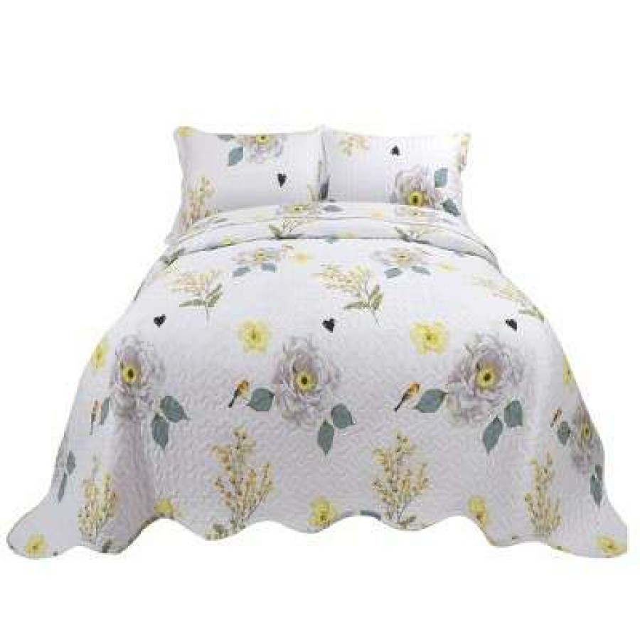 Bedspread Bedding Sets * | Top 10 3 Pieces Polyester Floral Coverlet Soft Quilt Bedspread Sets Piccocasa White