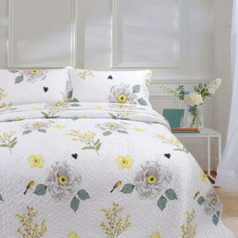 Bedspread Bedding Sets * | Top 10 3 Pieces Polyester Floral Coverlet Soft Quilt Bedspread Sets Piccocasa White