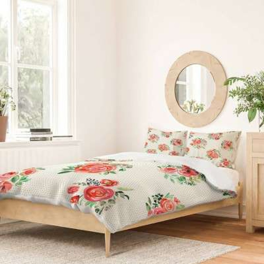 Duvet Cover Bedding Sets * | Deals Sweet Roses Bouquet Watercolor Polyester Duvet & Sham Set Deny Designs Orange