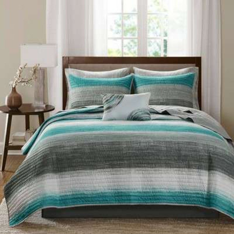 Coverlet Bedding Sets * | Deals Madison Park Seth Twin 6Pc Complete Reversible Coverlet And Cotton Sheet Set Aqua