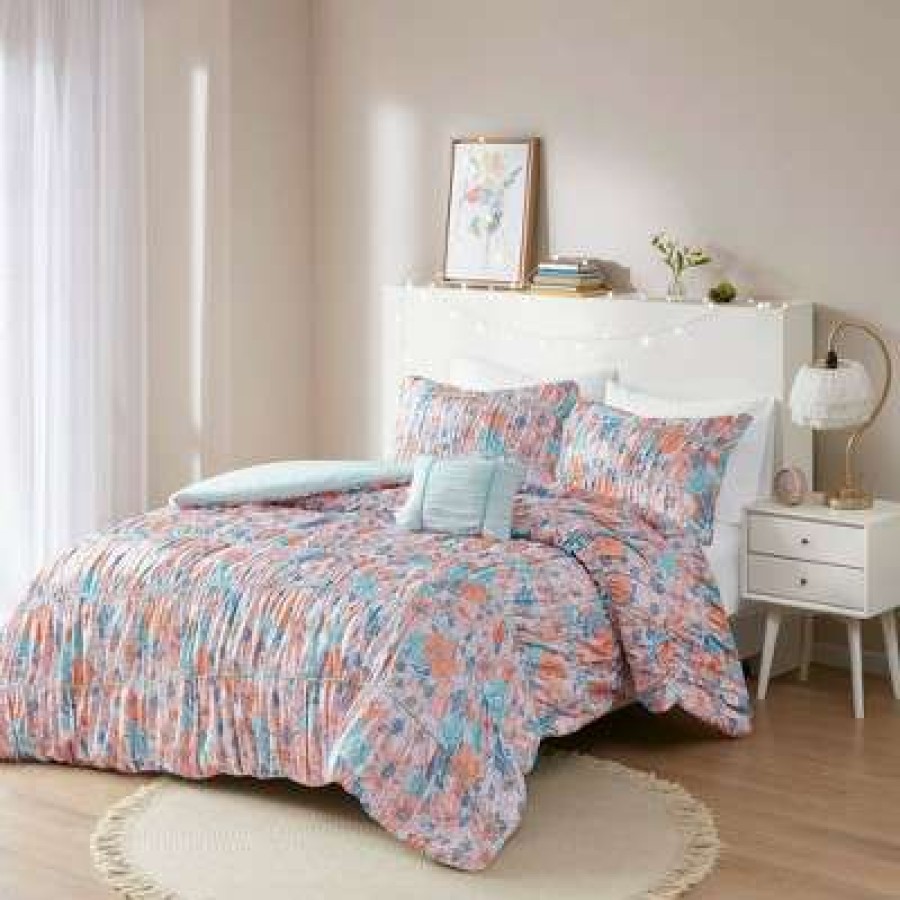 Comforter Bedding Sets * | Flash Sale Intelligent Design Gracie Floral Printed Ruched Comforter Set Pink/Blue