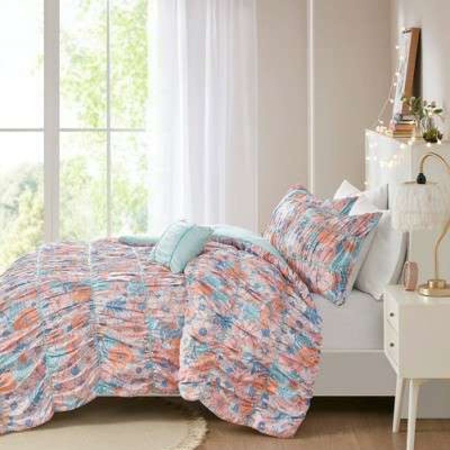 Comforter Bedding Sets * | Flash Sale Intelligent Design Gracie Floral Printed Ruched Comforter Set Pink/Blue