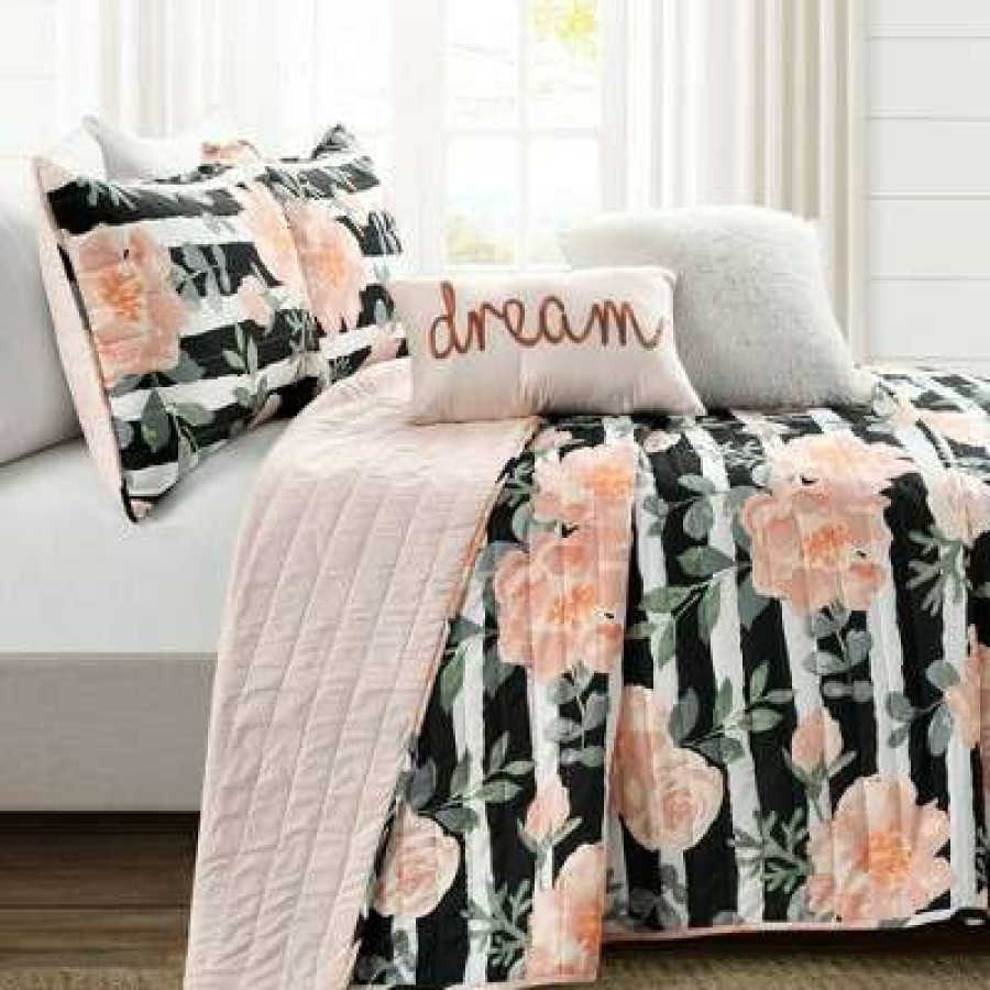 Quilt Bedding Sets * | Brand New Lush Decor Amara Watercolor Quilt Lush Decor Black/Dusty Rose