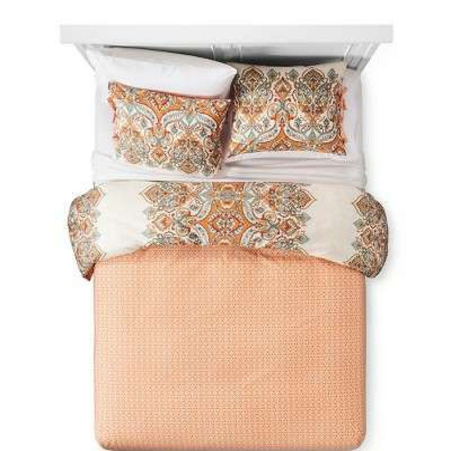 Duvet Cover Bedding Sets * | Budget 3Pc Full/Queen Anya Reversible Duvet Cover And Sham Set Orange Mudhut