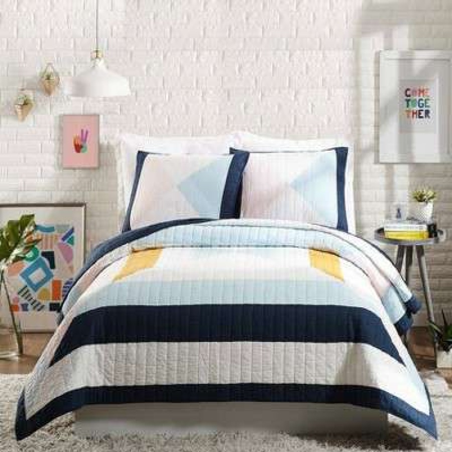 Quilt Bedding Sets * | Top 10 Ampersand For Makers Collective 3Pc Diamond Patchwork Quilt & Sham Set Blue