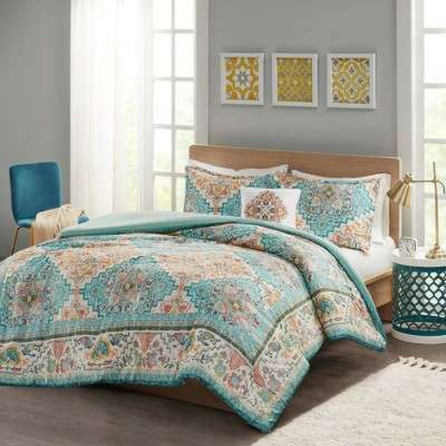 Coverlet Bedding Sets * | Best Sale Intelligent Design Kalani Seersucker Boho Printed Coverlet Set Teal