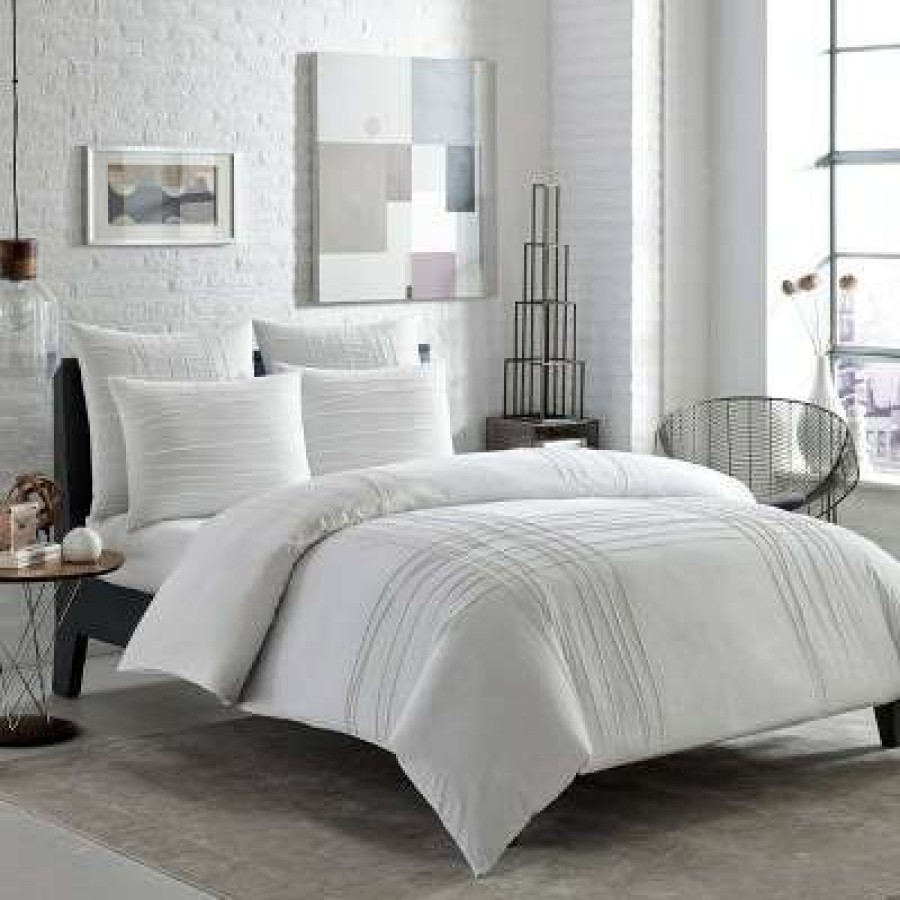 Duvet Cover Bedding Sets * | Promo Variegated Pleats Duvet Cover Set White City Scene