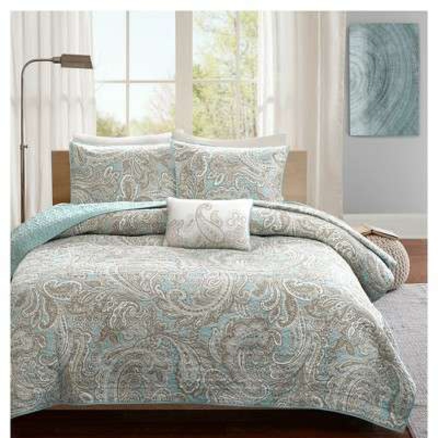 Coverlet Bedding Sets * | Budget Madison Park Dierdre Paisley Cotton Coverlet Set 4-Piece Blue