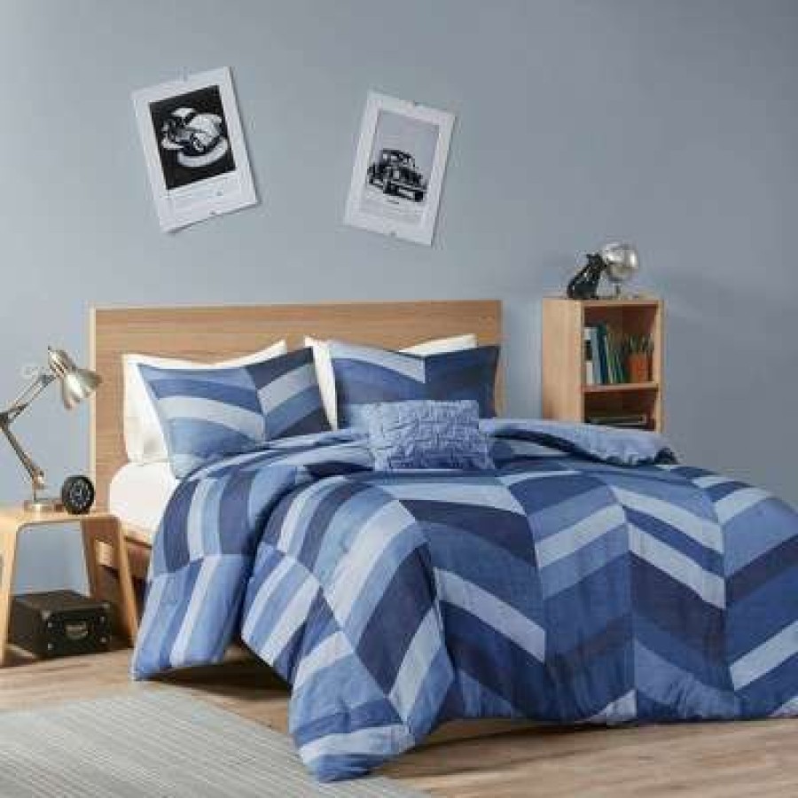 Comforter Bedding Sets * | Cheap Intelligent Design Twin/Twin Extra Long Ryder Chevron Printed Comforter Set Navy