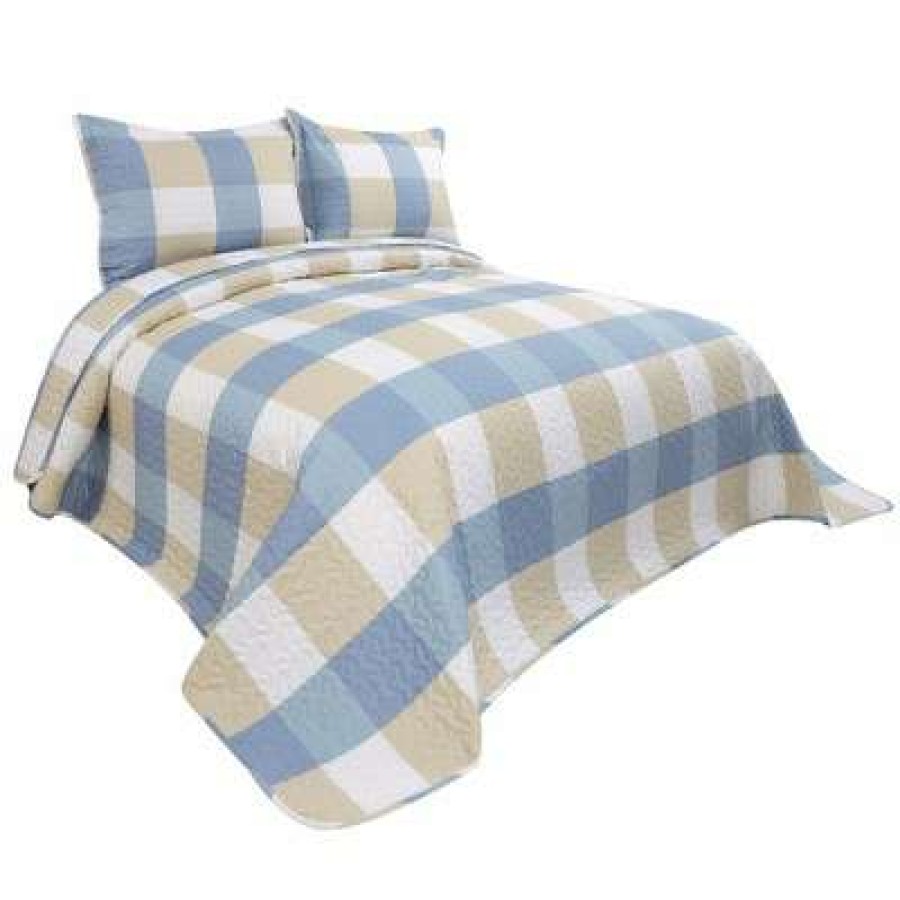 Bedspread Bedding Sets * | Best Deal 3 Pieces Plaid Polyester Lightweight Soft Coverlet Bedspread Set Piccocasa Blue