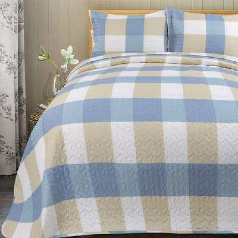 Bedspread Bedding Sets * | Best Deal 3 Pieces Plaid Polyester Lightweight Soft Coverlet Bedspread Set Piccocasa Blue