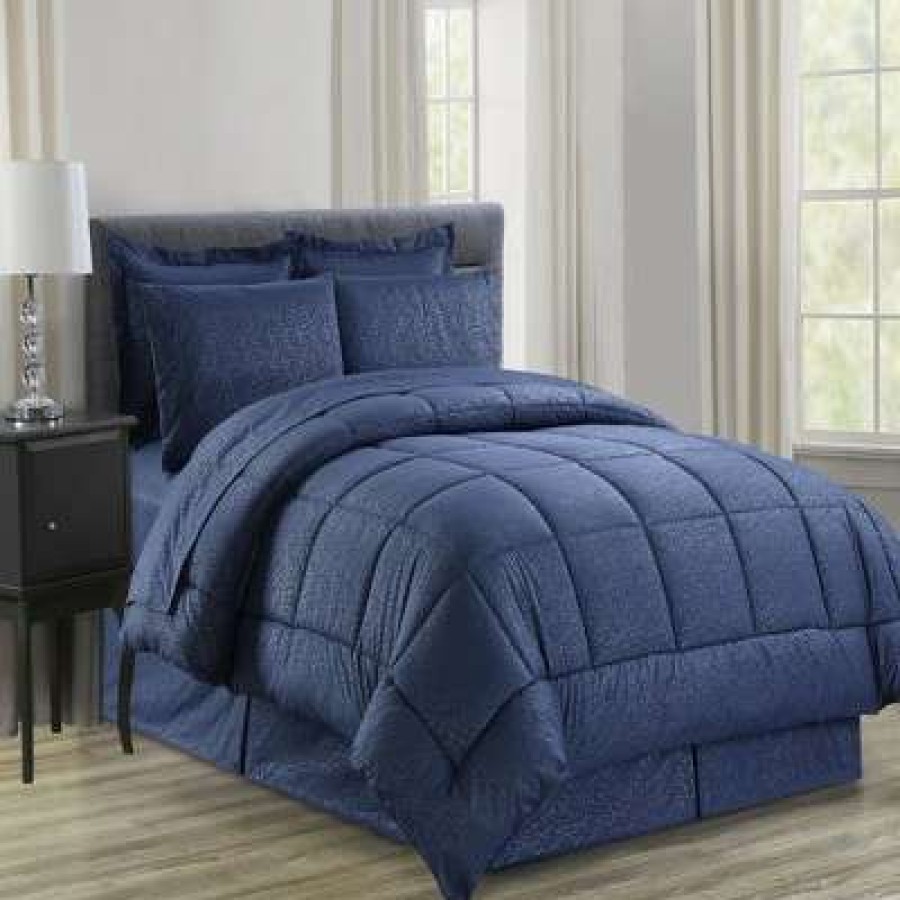 Comforter Bedding Sets * | Promo Plazatex Vine Printed Classic Baffle-Box Design Microfiber Soft Bed In A Bag Set 8 Piece Navy