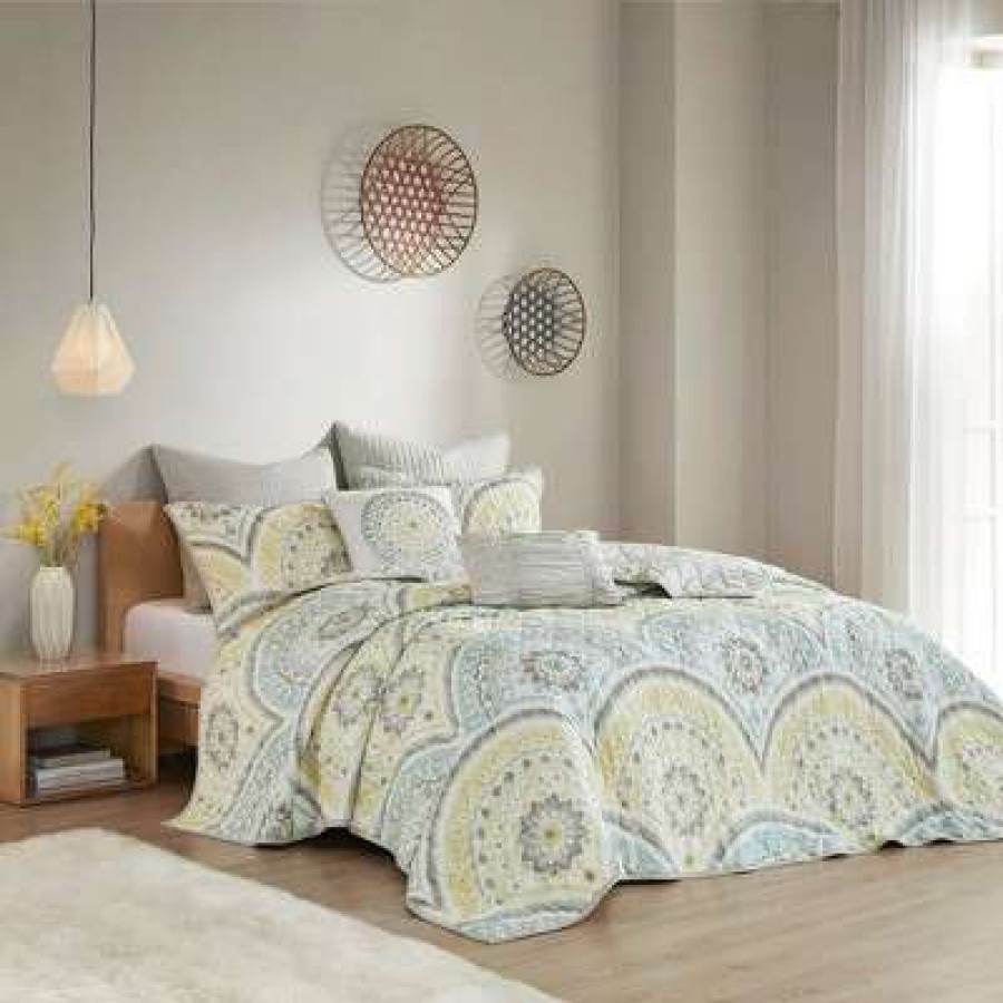 Coverlet Bedding Sets * | Cheapest Urban Habitat Yellow Leyla 100% Cotton Printed Coverlet Set (Full/Queen) 7Pcs