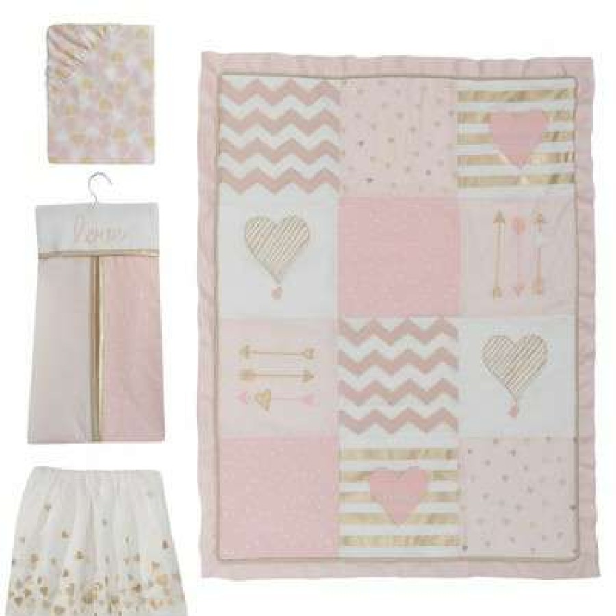 Quilt Bedding Sets * | Buy Lambs & Ivy Baby Love Pink/Gold Girl Heart 4 Piece Crib Bedding Set