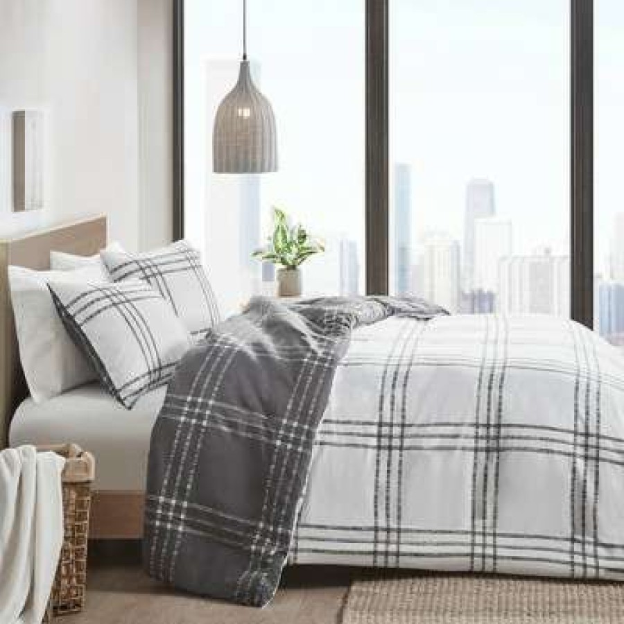 Duvet Cover Bedding Sets * | Promo 3Pc Carter Plaid Reversible Duvet Cover & Sham Set Clean Spaces White/Gray