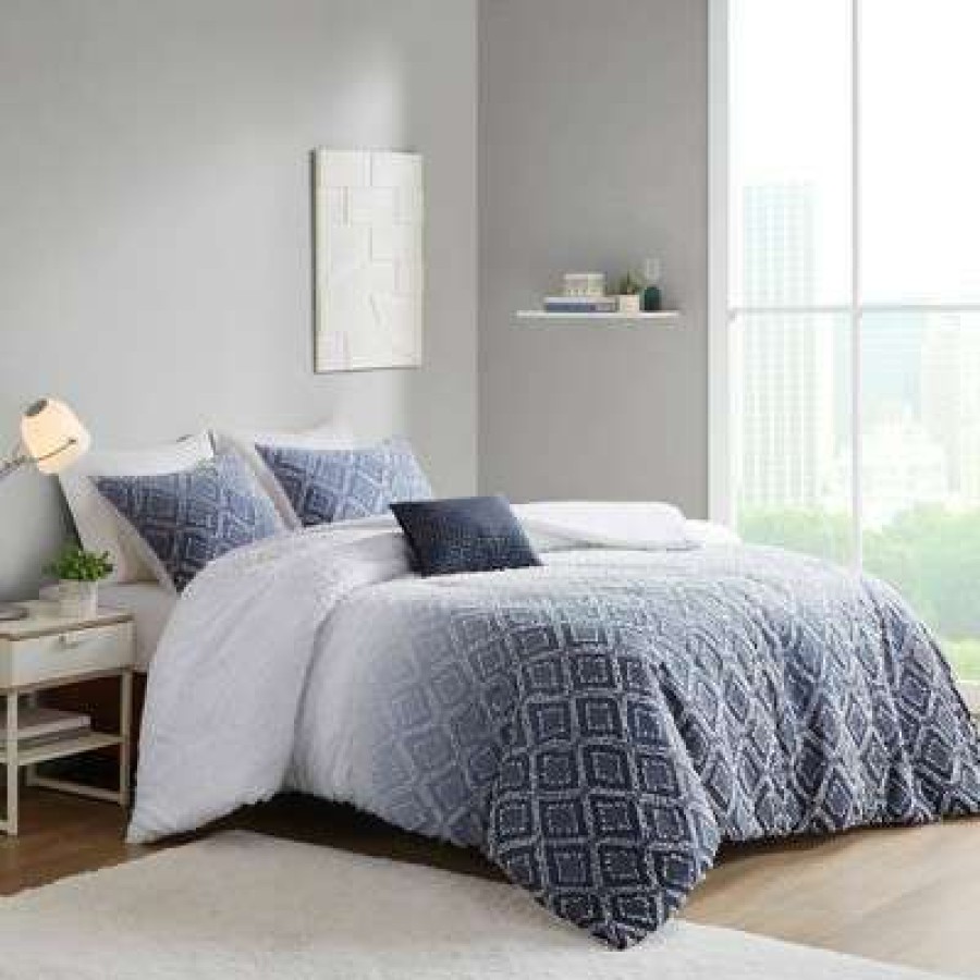 Duvet Cover Bedding Sets * | Best Sale Intelligent Design Camille Ombre Clipped Jacquard Duvet Cover & Sham Set Navy