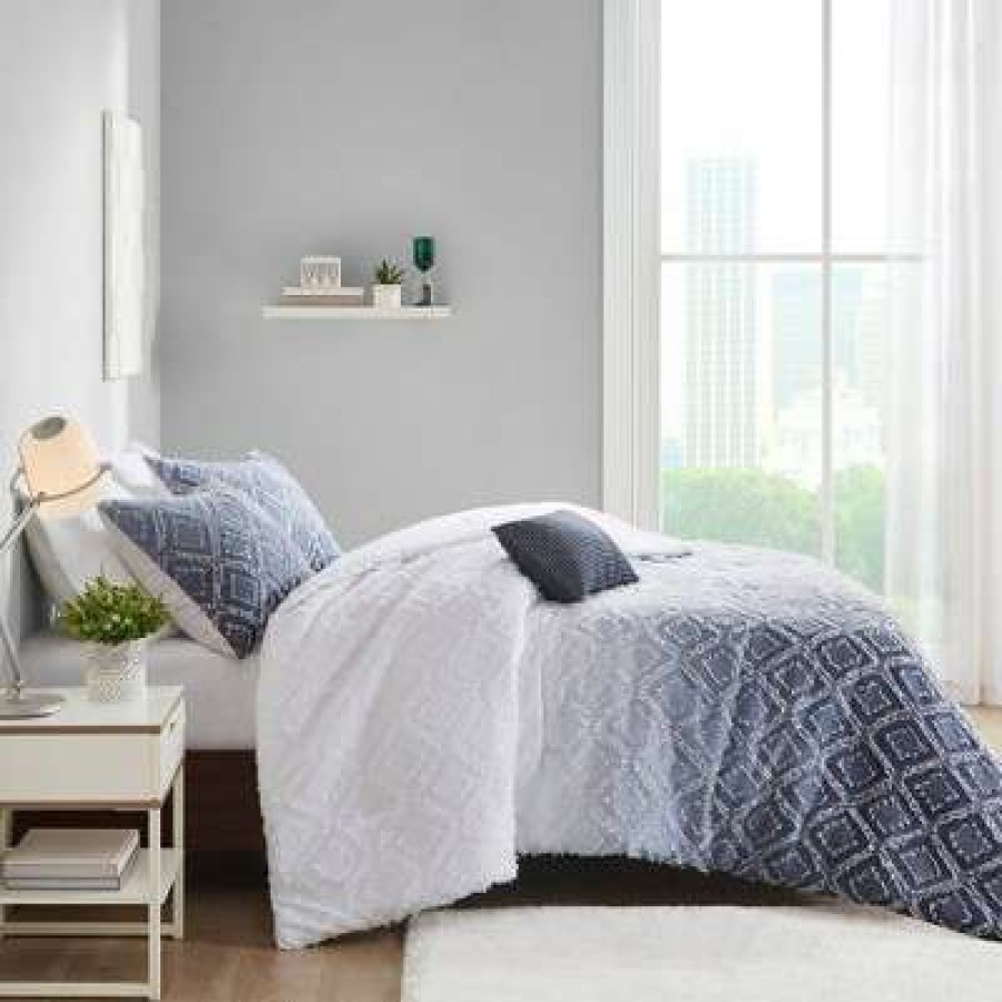 Duvet Cover Bedding Sets * | Best Sale Intelligent Design Camille Ombre Clipped Jacquard Duvet Cover & Sham Set Navy