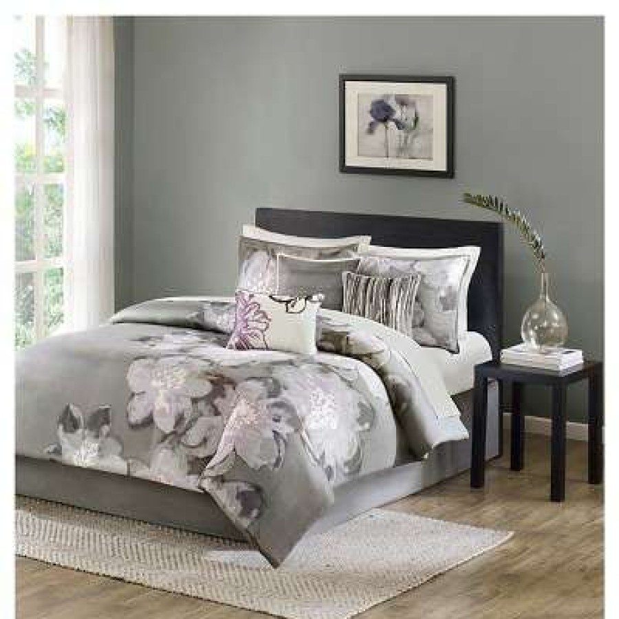 Comforter Bedding Sets * | Best Deal Madison Park Jasmine Watercolor Floral Comforter Set 7 Piece Gray