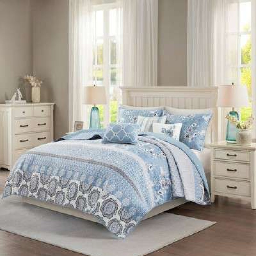 Coverlet Bedding Sets * | Deals Madison Park Loraine Cotton Printed Coverlet Set Blue