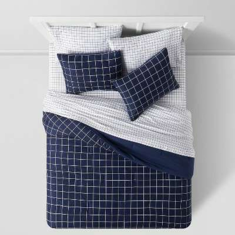 Comforter Bedding Sets * | Cheap Grid Printed Microfiber Comforter & Sheets Set Room Essentials Navy