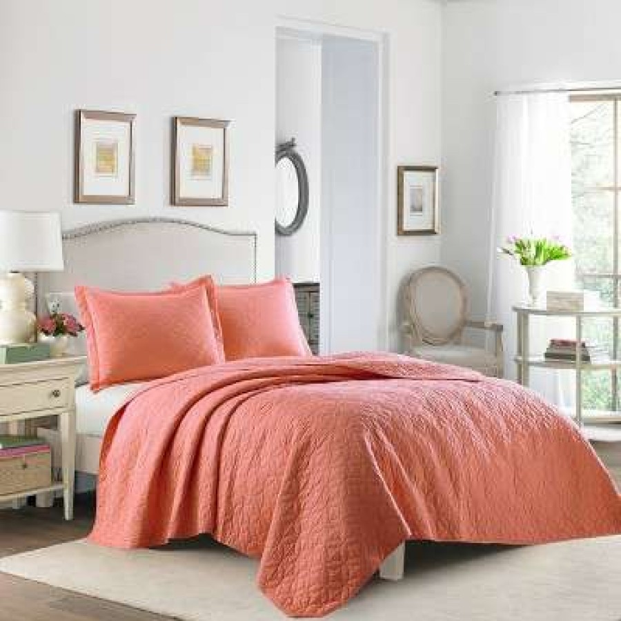 Quilt Bedding Sets * | Outlet Solid Reversible Quilt Set Coral Laura Ashley