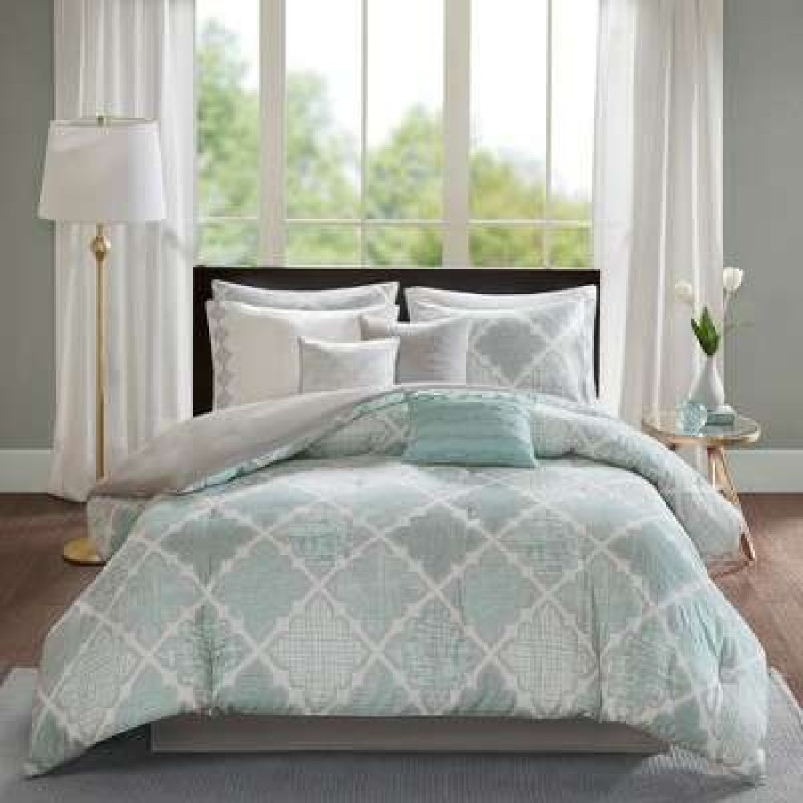 Comforter Bedding Sets * | Best Reviews Of Madison Park Sidnee Cotton Sateen Comforter Set 9Pc Aqua