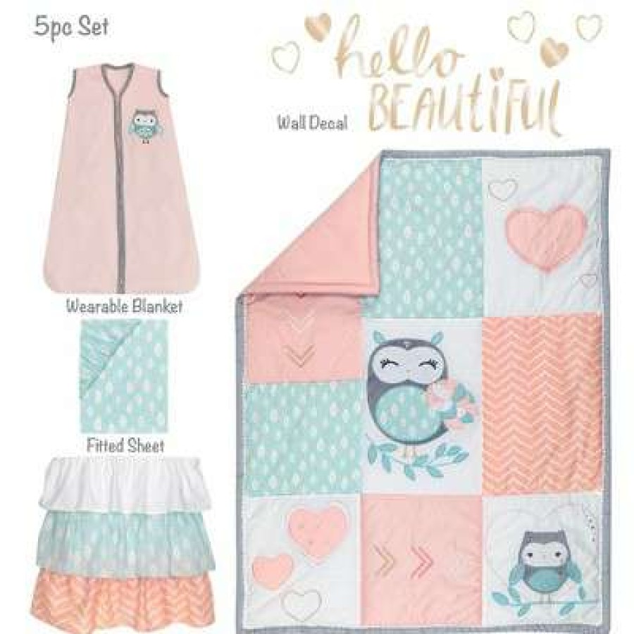 Quilt Bedding Sets * | Wholesale Lambs & Ivy Sweet Owl Dreams Pink Heart Nursery 5-Piece Baby Crib Bedding Set