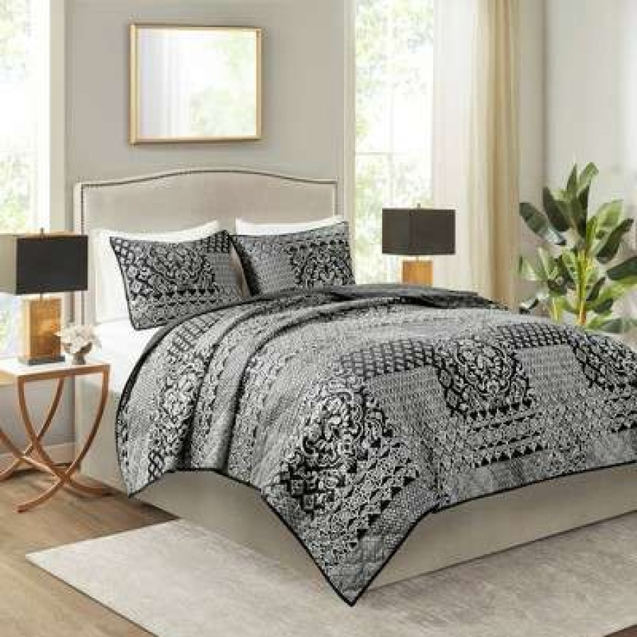 Coverlet Bedding Sets * | Cheapest Madison Park 3Pc Hendrix Reversible Jacquard Coverlet Set Black