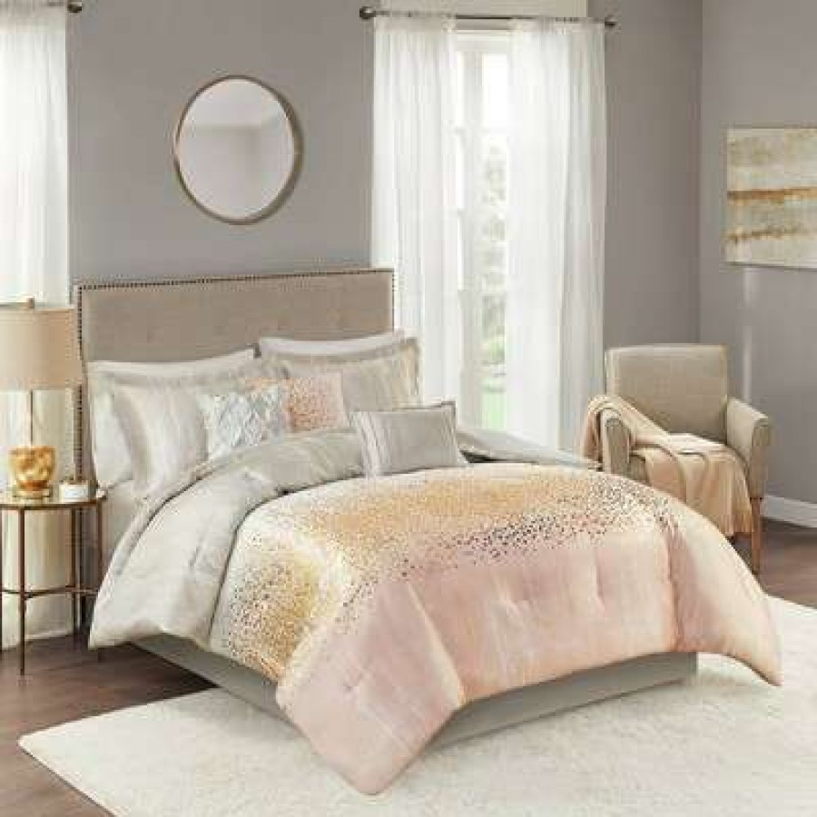 Comforter Bedding Sets * | Best Deal Madison Park 7Pc Midnight Sky Metallic Print Comforter Set Blush