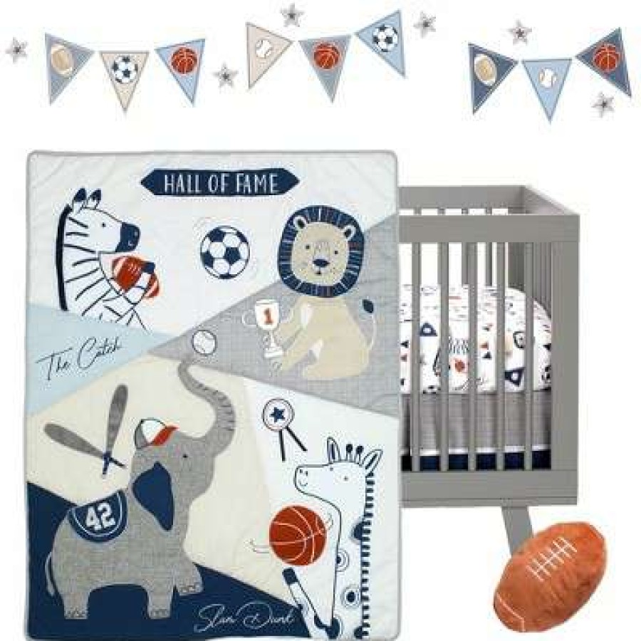 Quilt Bedding Sets * | Best Sale Lambs & Ivy Hall Of Fame Sports Animals 5-Piece Crib Bedding Set Gray/Blue