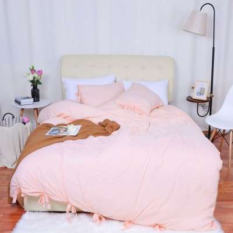 Duvet Cover Bedding Sets * | Best Sale 3 Pcs Washed Cotton Solid With Bowknot Closure Design Bedding Sets King Light Pink Piccocasa