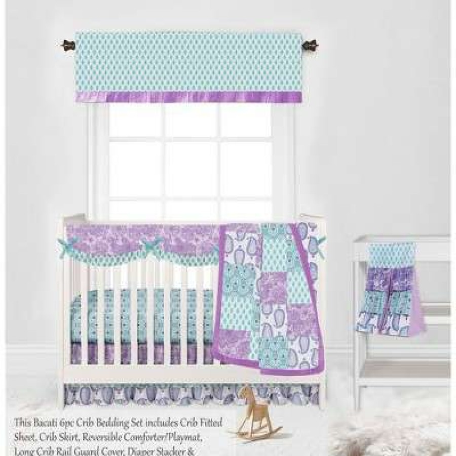 Comforter Bedding Sets * | Wholesale Bacati Paisley Isabella Purple Lilac Aqua 6 Pc Crib Bedding Set With Long Rail Guard Cover