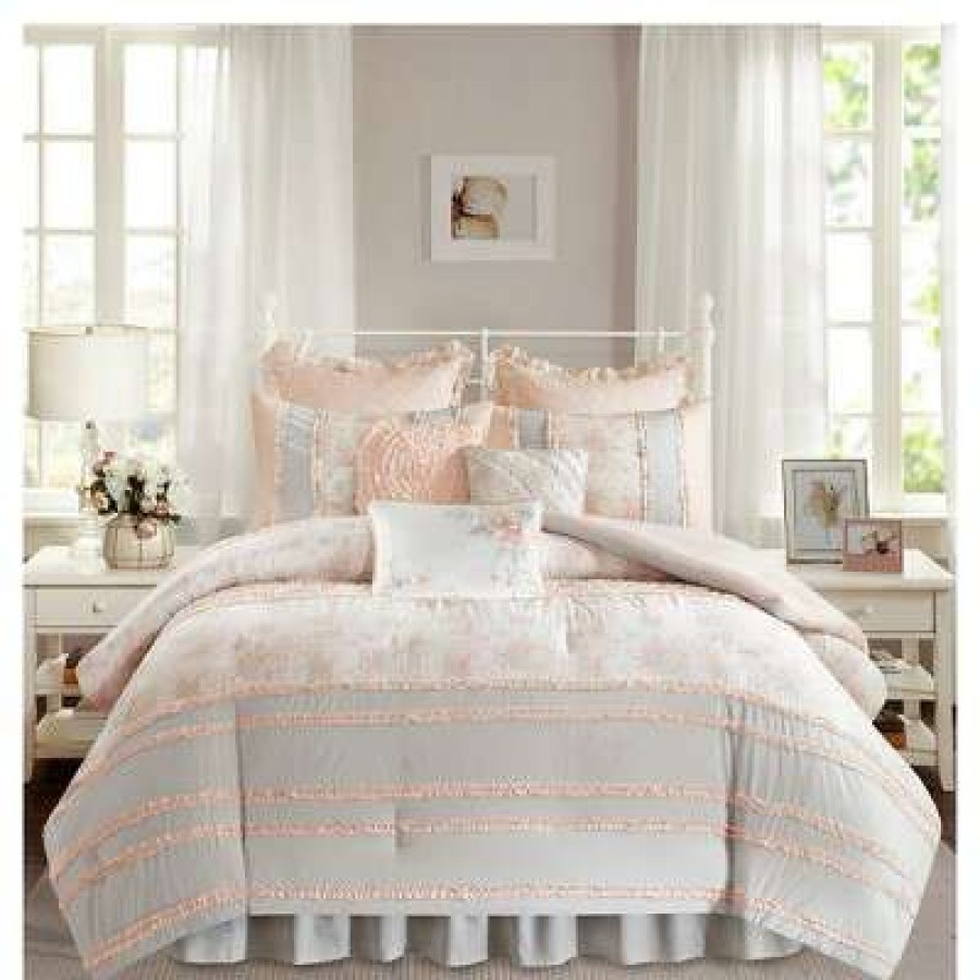 Comforter Bedding Sets * | Best Sale Desiree Cotton Percale Comforter Bedding Set With Euro And Bedskirt Blush Madison Park