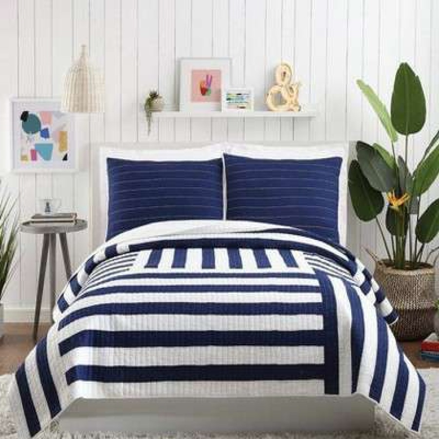 Quilt Bedding Sets * | Budget Ampersand For Makers Collective 3Pc Block Stripe Quilt & Sham Set Blue