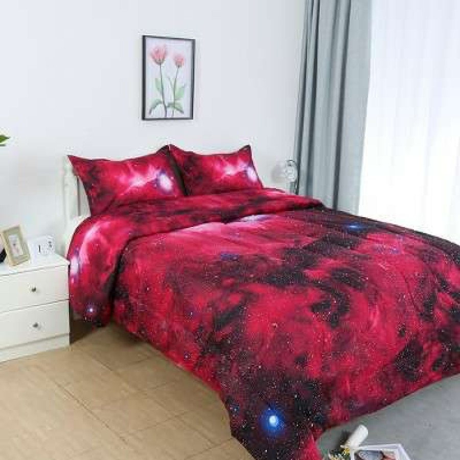 Comforter Bedding Sets * | Best Reviews Of Full/Queen Polyester Reversible Galaxies All-Season 3D Space Themed Bedding Sets Piccocasa Red