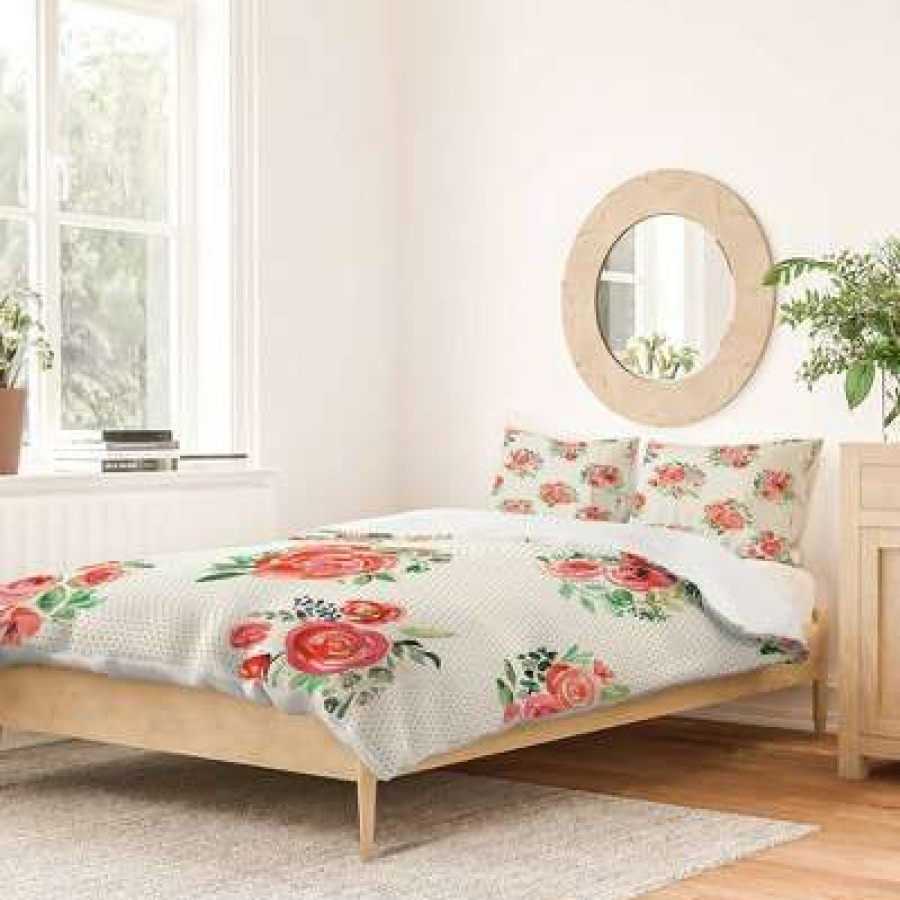 Duvet Cover Bedding Sets * | Hot Sale Sweet Roses Bouquet Watercolor Cotton Duvet & Sham Set Deny Designs Orange