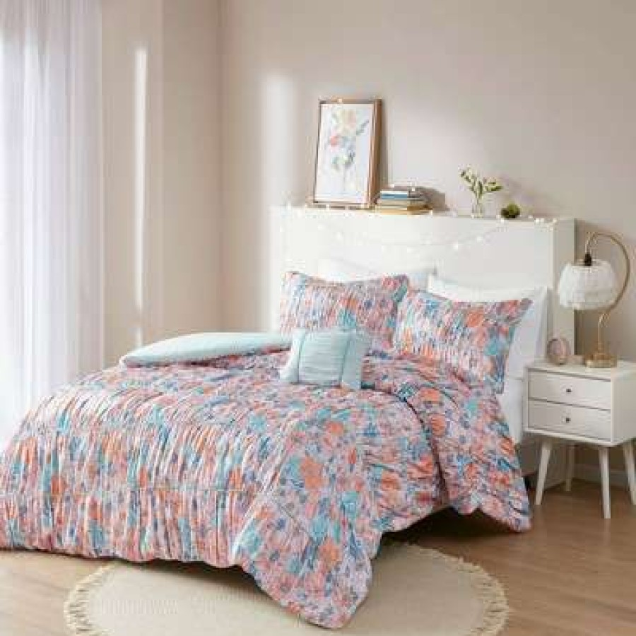 Duvet Cover Bedding Sets * | Buy Intelligent Design Gracie Floral Printed Ruched Duvet Set Pink/Blue