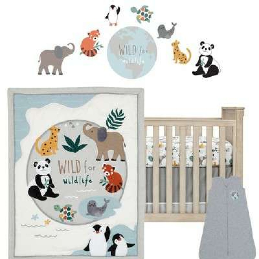 Quilt Bedding Sets * | Promo Lambs & Ivy Wild Life 5-Piece Baby Crib Bedding Set Protect The Animals