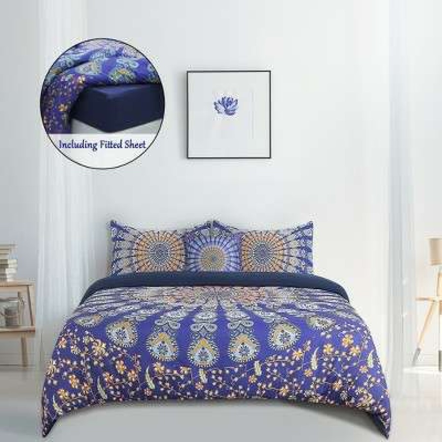 Duvet Cover Bedding Sets * | Best Pirce 5 Pcs Polyester Bohemian Bedding Sets Queen Navy Blue Piccocasa