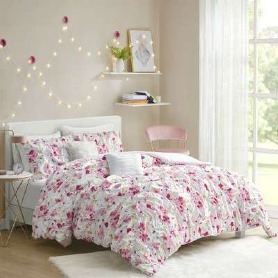 Duvet Cover Bedding Sets * | Hot Sale Intelligent Design Penelope Floral Printed Ruched Duvet Cover Set Pink