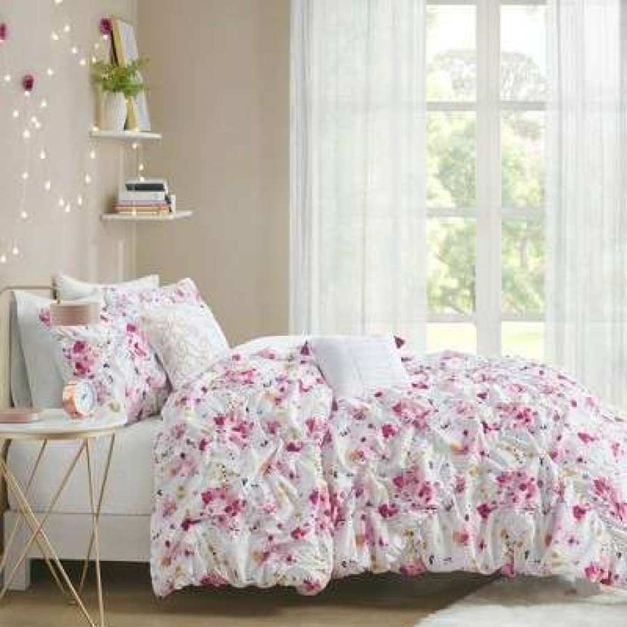 Duvet Cover Bedding Sets * | Hot Sale Intelligent Design Penelope Floral Printed Ruched Duvet Cover Set Pink