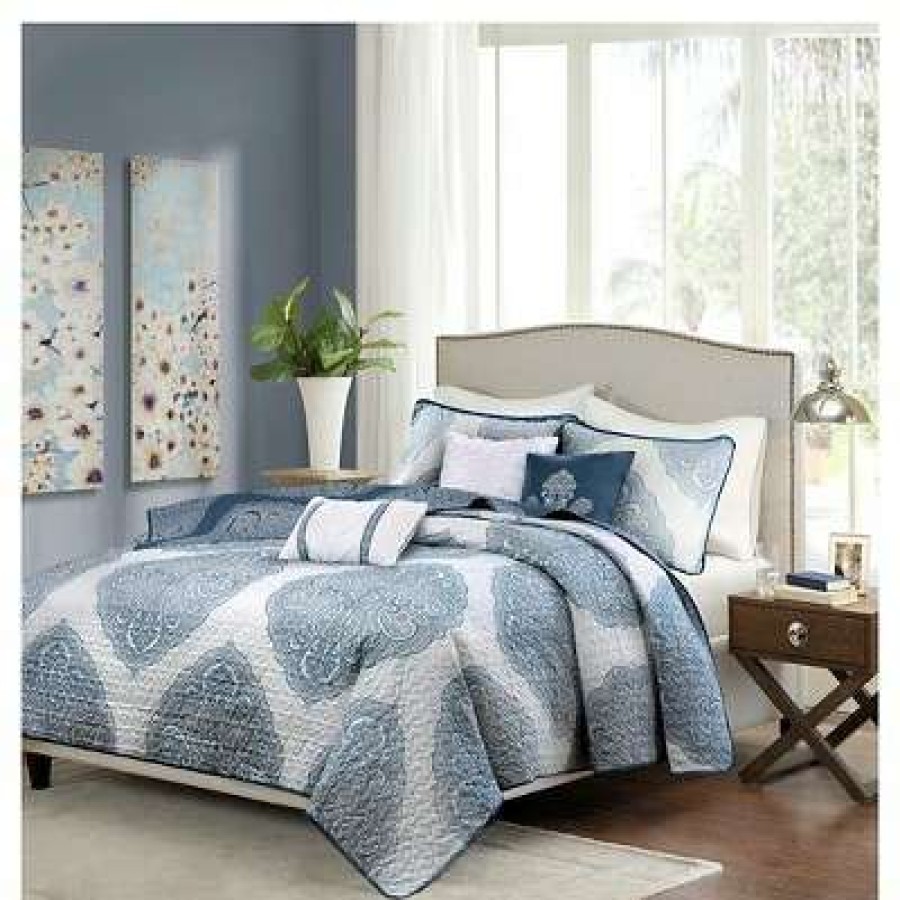 Quilt Bedding Sets * | Best Deal Madison Park Audra Large Medallion Reversible Quilted Coverlet Set 6Pc Navy