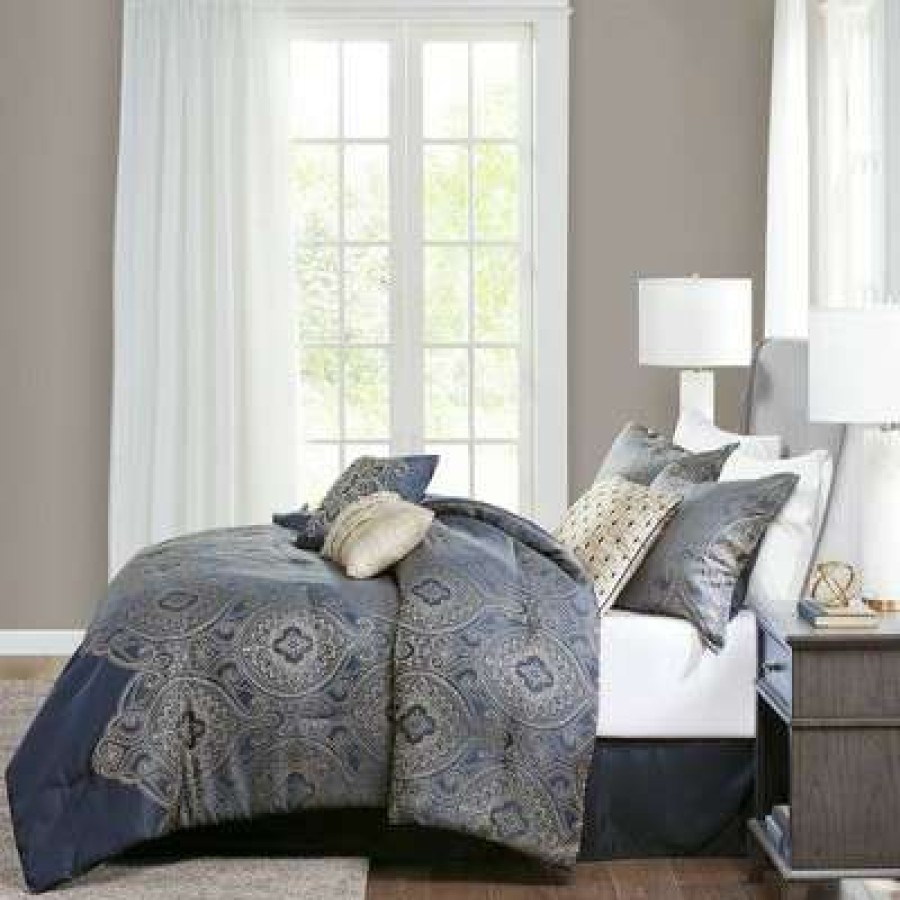 Comforter Bedding Sets * | Flash Sale Madison Park 7Pc Maya Jacquard Comforter Set Navy