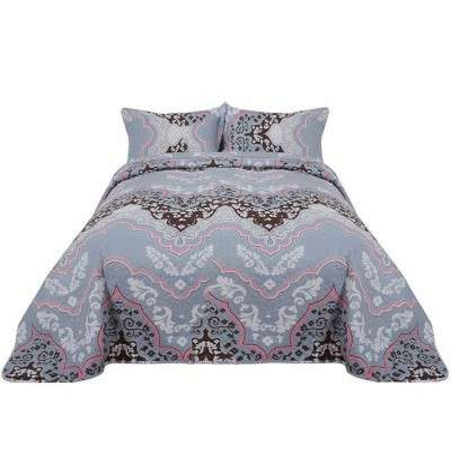 Bedspread Bedding Sets * | Coupon 3 Pieces Luxury Floral Pattern Polyester Lightweight Soft Bedspread Set Piccocasa Gray