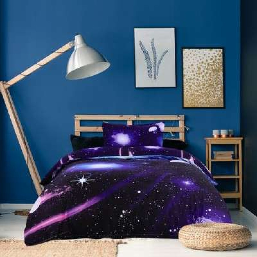 Duvet Cover Bedding Sets * | Best Pirce 3 Pcs 100% Polyester Galaxy Sky Cosmos Night Pattern 3D Printed Bedding Sets Dark Purple Piccocasa